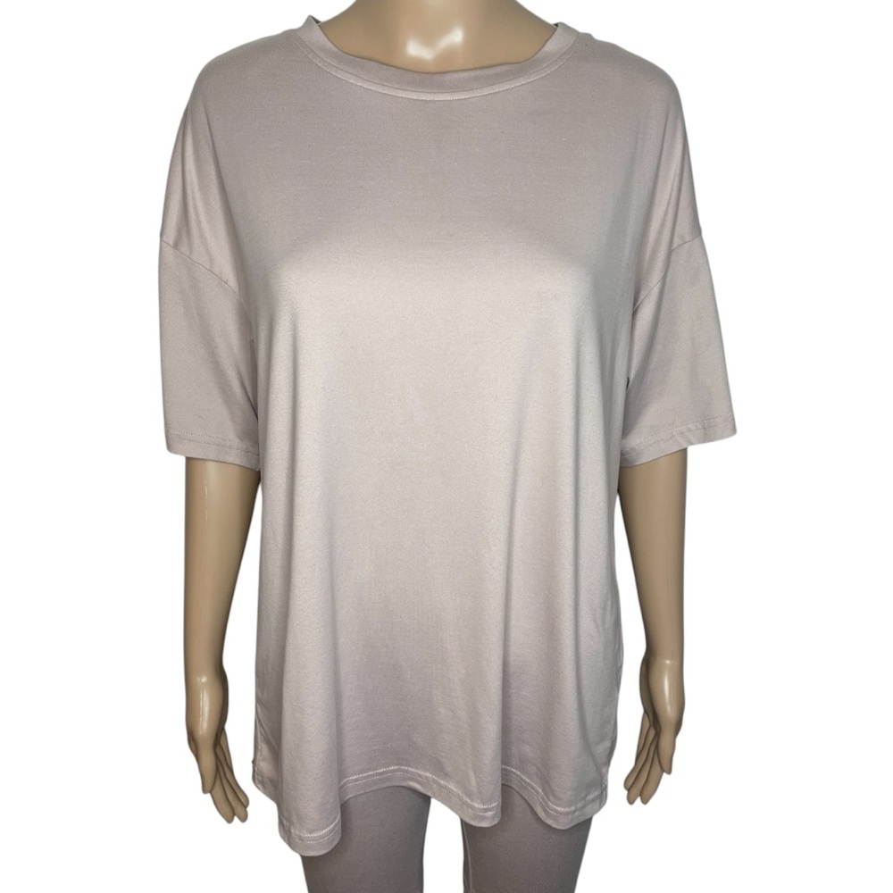 Simplee Beige Super Soft Crewneck Relaxed Fit Short Sleeve Pullover T-Shirt Top